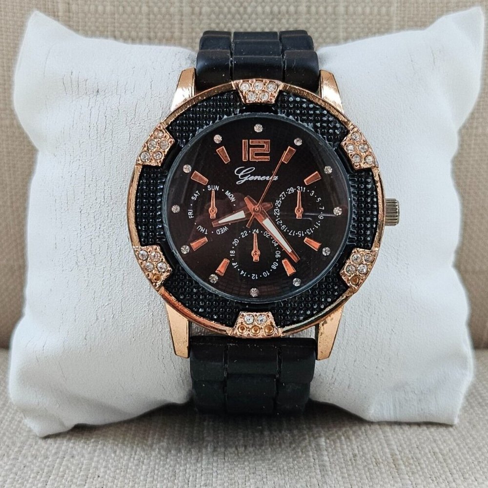 Geneva Fashion Wristwatch Quartz Analog Black Rubber Band Gold Tone Case Watch - Picture 11 of 11